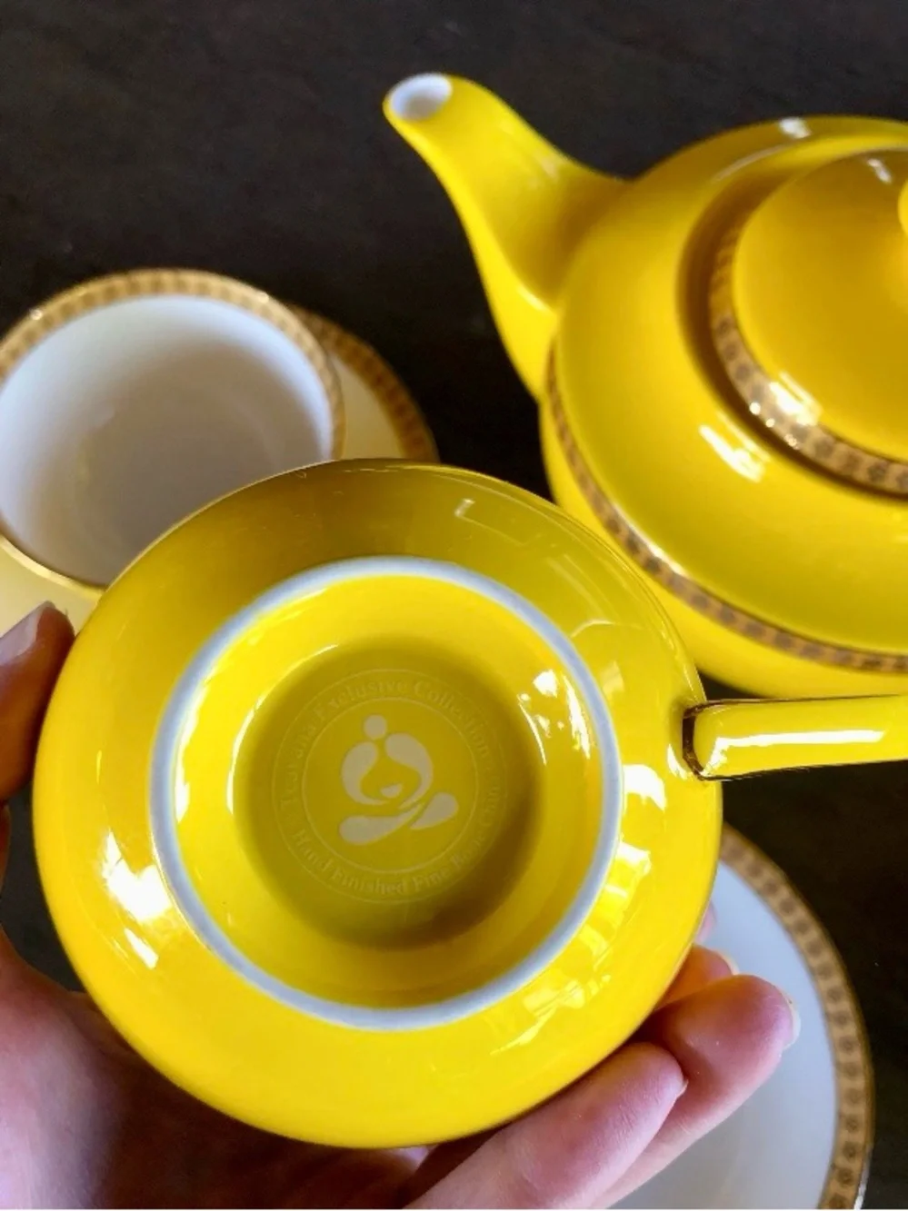 Rare Teavana Noble Poppy Yellow Bone China Tea Set 9 Pc 14k Gold